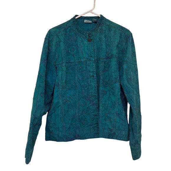 Chicos Size 2 Teal Embroidered Cotton Jacket Made In India - Picture 1 of 4